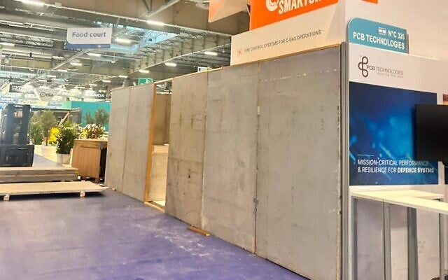 Wooden panels erected around Israeli defense industry booths at the Eurosatory exhibition in Paris by event organizers, June 15, 2026. (Defense Ministry)