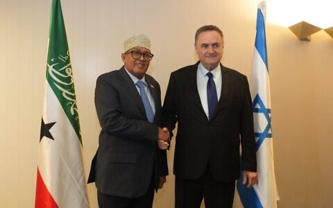 Defense Minister Israel Katz (right) meets with visiting Somaliland President Abdirahman Mohamed Abdullahi, June 17, 2026. (Ariel Hermoni/Defense Ministry)