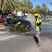 The scene of a car blast that left a man dead in the Haifa neighborhood of Kiryat Haim, June 30, 2026. (Magen David Adom)