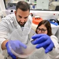 Asst. Prof. Assaf Zinger, left, of Technion-Israel Institute of Technology with PhD candidate Ofri Vizenblit in the Zinger lab. (Courtesy/Rami Shelush, Technion Spokesperson’s Office)