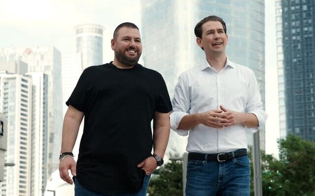 Dream Security co-founders Shalev Hulio, former CEO of cyber espionage firm NSO Group (left); and former chancellor of Austria Sebastian Kurz. (Courtesy of Dream/Eclipse Media)
