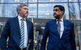 Reps. Thomas Massie (L) and Ro Khanna hold a news conference after reviewing unredacted portions of the Jeffrey Epstein files, outside a Department of Justice office in NoMa on February 9, 2026. (Tom Williams/CQ Roll Call via JTA)