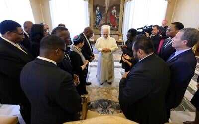 A delegation of Chicago faith leaders meet with Pope Leo XIV on May 28, 2026. (Courtesy of Simone Risoluti/Vatican Media)