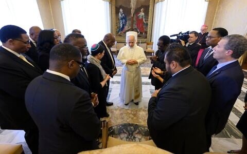 A delegation of Chicago faith leaders meet with Pope Leo XIV on May 28, 2026. (Courtesy of Simone Risoluti/Vatican Media)