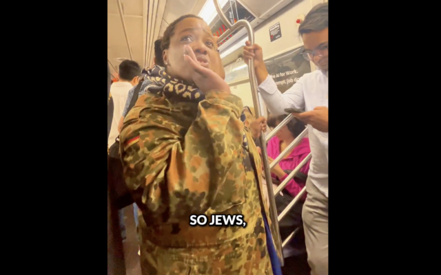 A woman screaming 'Jews are eating kids!' on the New York City Subway, May 31, 2026. (Screenshot/Combat Antisemitism Movement on X)