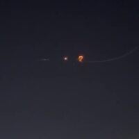 A drone launched by Iran-backed Houthi rebels in Yemen is intercepted above the southern Israeli city of Eilat, shortly after midnight on June 9, 2026. (Screenshot via social media, used in accordance with Clause 27a of the Copyright Law)