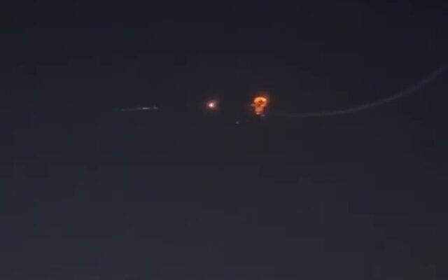 A drone launched by Iran-backed Houthi rebels in Yemen is intercepted above the southern Israeli city of Eilat, shortly after midnight on June 9, 2026. (Screenshot via social media, used in accordance with Clause 27a of the Copyright Law) A drone launched by Iran-backed Houthi rebels in Yemen is intercepted above the southern Israeli city of Eilat, shortly after midnight on June 9, 2026. (Screenshot via social media, used in accordance with Clause 27a of the Copyright Law)