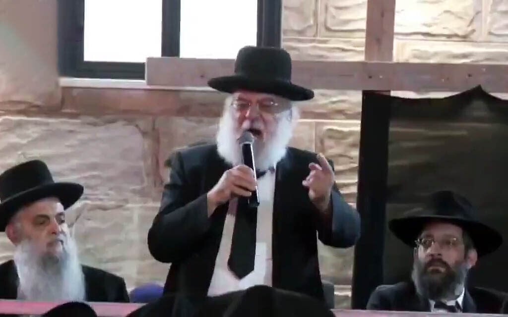Rabbi Aryeh Yazdi curses the IDF chief of staff at a Bnei Brak event against the arrest of Haredi draft dodgers, June 29, 2026 (Video screenshot)