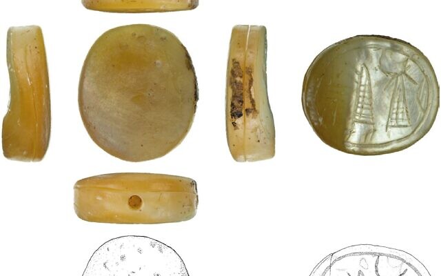 The stamp seal made with mother of pearl found at Tel Hadid (Sasha Flit, TAU; drawing by Ulrike Zurkinden, SSSL)