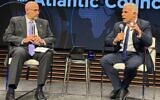 Opposition Leader Yair Lapid, right, in conversation with former US ambassador to Israel Daniel Shapiro, at the Atlantic Council in Washington, DC, on July 27, 2026. (Ron Kampeas via JTA)