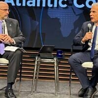 Opposition Leader Yair Lapid, right, in conversation with former US ambassador to Israel Daniel Shapiro, at the Atlantic Council in Washington, DC, on July 27, 2026. (Ron Kampeas via JTA)