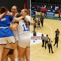 Screen capture from video of Israel's under-20 women's team celebrating their victory of Belgium to earn a place in the FIBA Basketball championship, July 11, 2026. (FIBA Basketball)