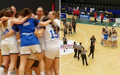 Screen capture from video of Israel's under-20 women's team celebrating their victory of Belgium to earn a place in the FIBA Basketball championship, July 11, 2026. (FIBA Basketball)