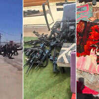 Left to right: Troops of the Givati Brigade's Tzabar Battalion abandoned their base in southern Israel, July 30, 2026; weapons left behind by the troops; a sign belonging to troops that was smashed by their commander. (Social media, used in accordance with Clause 27a of the Copyright Law)
