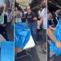 Activists with The Democrats party seen being attacked in south Tel Aviv's Hatikvah Market on July 3, 2026. (Screen captures: X, used in accordance with Clause 27a of the Copyright Law)