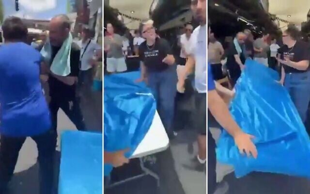 Activists with The Democrats party seen being attacked in south Tel Aviv's Hatikvah Market on July 3, 2026. (Screen captures: X, used in accordance with Clause 27a of the Copyright Law) Activists with The Democrats party seen being attacked in south Tel Aviv's Hatikvah Market on July 3, 2026. (Screen captures: X, used in accordance with Clause 27a of the Copyright Law)