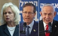 Left to right: Attorney General Gali Baharav Miara attends a House committee meeting at the Knesset, in Jerusalem, June 9, 2026. (Yonatan Sindel/Flash90); President Isaac Herzog and Prime Minister Benjamin Netanyahu attend a memorial ceremony for Zionist leader Theodor Herzl at Mount Herzl in Jerusalem on July 5, 2026. (Alex Kolomoisky/POOL)