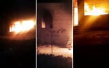 Footage posted to social media appears to show a mosque burning along with graffiti calling for revenge in the village of Qusra, south of Nablus, in the West Bank, after an alleged settler attack, July 26, 2026. (Screenshot via X, used in accordance with Clause 27a of the Copyright Law)