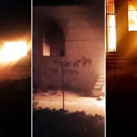 Footage posted to social media appears to show a mosque burning along with graffiti calling for revenge in the village of Qusra, south of Nablus, in the West Bank, after an alleged settler attack, July 26, 2026. (Screenshot via X, used in accordance with Clause 27a of the Copyright Law)