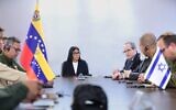 Venezuela's acting President Delcy Rodriguez center, meeting with Israeli representatives in a photo released on July 22, 2026. (IDF Spokesperson)