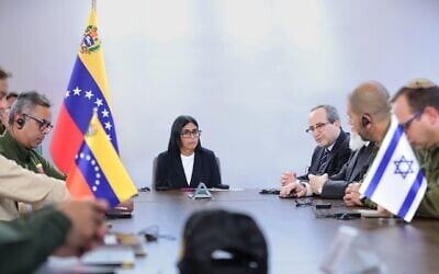 Venezuela's acting President Delcy Rodriguez center, meeting with Israeli representatives in a photo released on July 22, 2026. (IDF Spokesperson)