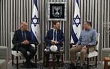 (L-R) Central Elections Committee chairman Noam Sohlberg, President Isaac Herzog and Shin Bet chief David Zini hold a meeting at the President's Residence, July 9, 2026. (Haim Zach/GPO)
