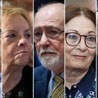 Left to right: Ex-Supreme Court president Aharon Barak in Herzliya, July 1, 2026. (Avshalom Sassoni/Flash90); Ex-Supreme Court president Dorit Beinisch in Tel Aviv, February 29, 2024. (Flash90); Ex-Supreme Court president Asher Grunis in Jerusalem, February 13, 2025. (Yonatan Sindel/Flash90); Ex-Supreme Court president Esther Hayut, November 3, 2025. (Moshe Shai/FLASH90); Ex-acting Supreme Court president Uzi Vogelman in Jerusalem, February 13, 2025. (Yonatan Sindel/ Flash90)