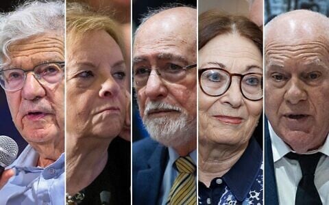 Left to right: Ex-Supreme Court president Aharon Barak in Herzliya, July 1, 2026. (Avshalom Sassoni/Flash90); Ex-Supreme Court president Dorit Beinisch in Tel Aviv, February 29, 2024. (Flash90); Ex-Supreme Court president Asher Grunis in Jerusalem, February 13, 2025. (Yonatan Sindel/Flash90); Ex-Supreme Court president Esther Hayut, November 3, 2025. (Moshe Shai/FLASH90); Ex-acting Supreme Court president Uzi Vogelman in Jerusalem, February 13, 2025. (Yonatan Sindel/ Flash90)
