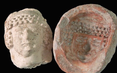 The mold used to produce the face of the female figurine, alongside the reconstruction produced from it (Emil Aladjem/Israel Antiquities Authority)
