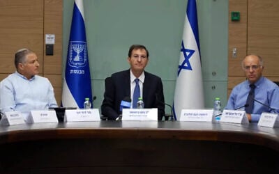 From left: Shin Bet head David Zini, Likud MK and Knesset Foreign Affairs and Defense Committee Chairman Boaz Bismuth, Central Elections Committee chair and Deputy Supreme Court President Noam Sohlberg, July 27, 2026. (Kan screenshot via YouTube) From left: Shin Bet head David Zini, Likud MK and Knesset Foreign Affairs and Defense Committee Chairman Boaz Bismuth, Central Elections Committee chair and Deputy Supreme Court President Noam Sohlberg, July 27, 2026. (Kan screenshot via YouTube)