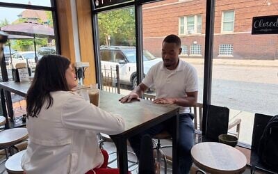 US Rep. Haley Stevens (l), candidate for the Democratic Senate nomination in Michigan, discusses Israel with Jai Singletary, director of a Detroit neighborhood improvement association, in Detroit, Michigan, July 27, 2026. (Andrew Lapin/JTA) US Rep. Haley Stevens (l), candidate for the Democratic Senate nomination in Michigan, discusses Israel with Jai Singletary, director of a Detroit neighborhood improvement association, in Detroit, Michigan, July 27, 2026. (Andrew Lapin/JTA)