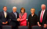 Opposition Leader Yair Lapid (center) poses with Democratic Party Senators (from left) Richard Blumenthal, Jacky Rosen, Maggie Hassan, and Tim Kaine, during a meeting in Washington, in a photo released July 28, 2026. (Office of Yair Lapid)