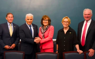 Opposition Leader Yair Lapid (2nd from left) poses with Democratic Party Senators (from left) Richard Blumenthal, Jacky Rosen, Maggie Hassan, and Tim Kaine, during a meeting in Washington, in a photo released July 28, 2026. (Office of Yair Lapid) Opposition Leader Yair Lapid (2nd from left) poses with Democratic Party Senators (from left) Richard Blumenthal, Jacky Rosen, Maggie Hassan, and Tim Kaine, during a meeting in Washington, in a photo released July 28, 2026. (Office of Yair Lapid)