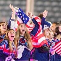 Team USA cheers at the opening ceremony of the Maccabiah Games in Jerusalem on July 14, 2022. (Courtesy Maccabi USA)