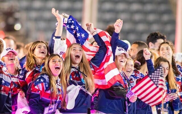 Team USA cheers at the opening ceremony of the Maccabiah Games in Jerusalem on July 14, 2022. (Courtesy Maccabi USA)