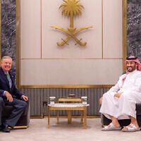 Saudi Crown Prince Mohammed bin Salman (R) meeting with US Senator Lindsey Graham in Jeddah, Saudi Arabia, in a handout picture made available on April 13, 2023. (SPA/AFP)