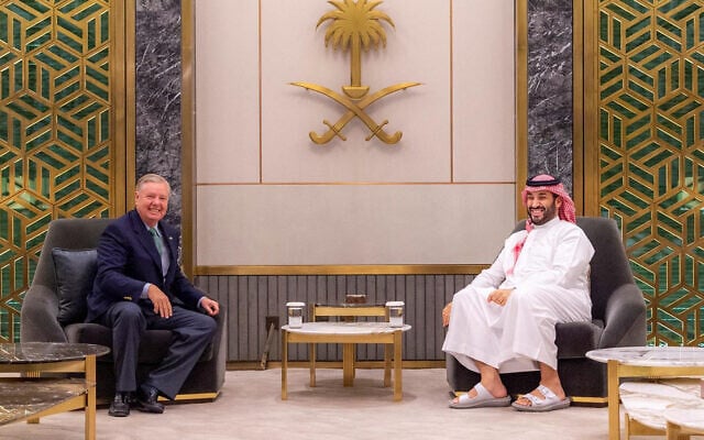 Saudi Crown Prince Mohammed bin Salman (R) meeting with US Senator Lindsey Graham in Jeddah, Saudi Arabia, in a handout picture made available on April 13, 2023. (SPA/AFP)