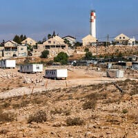 Newly-erected mobile houses set up by Israeli settlers are pictured near the Palestinian village of Umm al-Kheir in the Masafer Yatta area, south of Hebron in the West Bank, on August 28, 2025. (Hazem Bader/AFP)