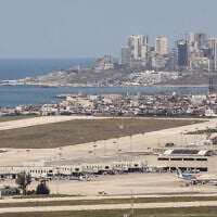 A photograph shows Beirut’s international airport as seen from the Bshamoun area, south of the capital, on April 13, 2026. (Anwar Amro/AFP)