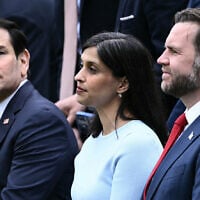 US Secretary of State Marco Rubio, US Second Lady Usha Vance and US Vice President JD Vance attend an arrival ceremony for the British King and Queen on the South Lawn of the White House in Washington, DC, on April 28, 2026. (Brendan SMIALOWSKI/AFP)