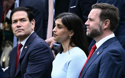 US Secretary of State Marco Rubio, US Second Lady Usha Vance and US Vice President JD Vance attend an arrival ceremony for the British King and Queen on the South Lawn of the White House in Washington, DC, on April 28, 2026. (Brendan SMIALOWSKI/AFP) US Secretary of State Marco Rubio, US Second Lady Usha Vance and US Vice President JD Vance attend an arrival ceremony for the British King and Queen on the South Lawn of the White House in Washington, DC, on April 28, 2026. (Brendan SMIALOWSKI/AFP)