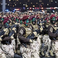 Members of the Saudi security forces take part in a military parade ahead of the Hajj pilgrimage in Mecca on May 21, 2026. (Zain Jaafar/AFP)