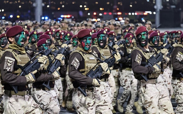 Members of the Saudi security forces take part in a military parade ahead of the Hajj pilgrimage in Mecca on May 21, 2026. (Zain Jaafar/AFP)