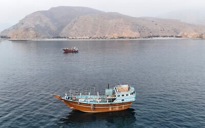 This aerial photograph shows boats anchored off Oman's northern Musandam Peninsula near the Strait of Hormuz on June 27, 2026 (AFP)