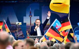 Tino Chrupalla, co-leader of the far-right Alternative for Germany party speaks at a campaign rally in front of the Berlin City Hall on June 29, 2026. (Tobias Schwarz/AFP)