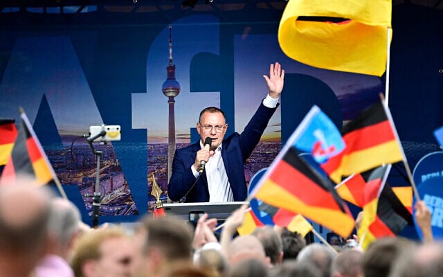 Tino Chrupalla, co-leader of the far-right Alternative for Germany party speaks at a campaign rally in front of the Berlin City Hall on June 29, 2026. (Tobias Schwarz/AFP) Tino Chrupalla, co-leader of the far-right Alternative for Germany party speaks at a campaign rally in front of the Berlin City Hall on June 29, 2026. (Tobias Schwarz/AFP)