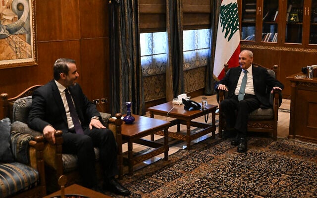 Syrian Foreign Minister Asaad al-Shaibani (L) meets with Lebanese Parliament Speaker Nabih Berri at the speaker's residence in Beirut on July 2, 2026. (JOSEPH EID / AFP)