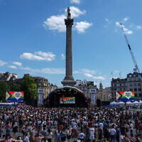 People crowd into Trafalgar Square after the annual Pride Parade, in London on July 4, 2026. (CARLOS JASSO / AFP)
