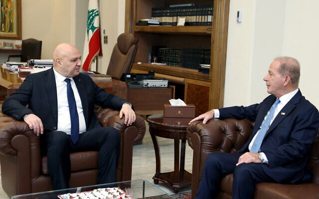 This handout picture released by the Lebanese Presidency’s press office shows Lebanon’s President Joseph Aoun (L) receiving US Ambassador to Lebanon Michael Issa at the Presidential Palace in Baabda, east of Beirut, on July 9, 2026 (Lebanese Presidency/AFP)