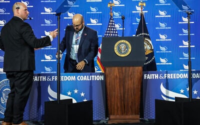 White House teleprompter operators, including Gabriel Perez (R) sets up a teleprompter before US President Donald Trump speaks at the Faith and Freedom Coalition’s 2026 Policy Conference at the Washington Hilton on June 26, 2026 in Washington, DC. (Anna Moneymaker/Getty Images/AFP) White House teleprompter operators, including Gabriel Perez (R) sets up a teleprompter before US President Donald Trump speaks at the Faith and Freedom Coalition’s 2026 Policy Conference at the Washington Hilton on June 26, 2026 in Washington, DC. (Anna Moneymaker/Getty Images/AFP)